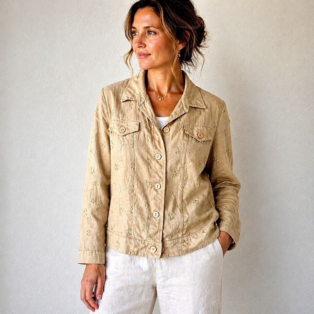 Vintage Linen Blend Embroidered Button Down Jacket Womens Large Tall Girl Canada